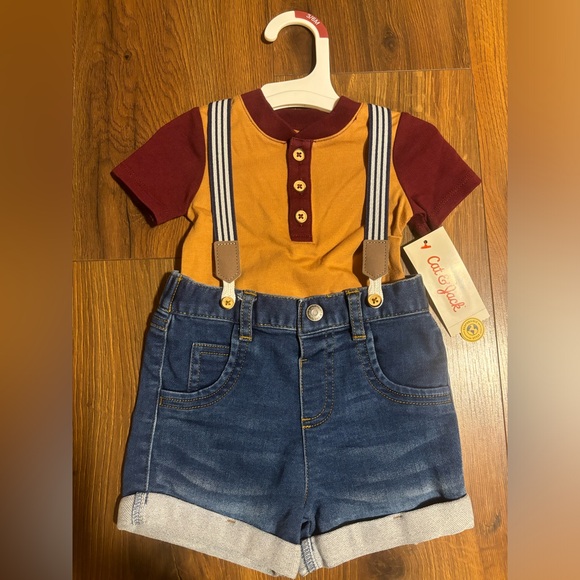 Cat & Jack Baby Boys 2 Piece Bodysuit & Shorts Suspenders Set - Light Brown 3-6M - Picture 1 of 2